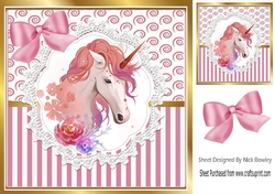Pretty unicorn on lace with pink stripe/swirls and bow card front 8x8