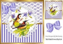 Pretty birds on lace with purple stripe/swirls and bow card front 8x8