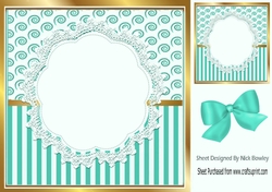 Pretty lace centre and turq stripe/swirls and bow card fronts 8x8