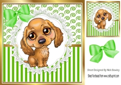 Pretty brown puppy on lace with green stripe/swirls and bow card front 8x8