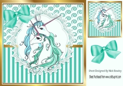 Pretty embracing unicorns on lace with turq stripe/swirls and bow card front 8x8