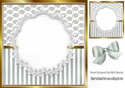 Pretty lace centre and silver stripe/swirls and bow card fronts 8x8