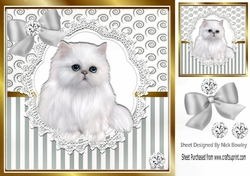 Pretty white persian on lace with diamonds,. silver stripe/swirls and bow card front 8x8