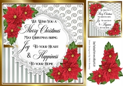Pretty silver stripe/swirls and red poinsettias christmas card front 8x8