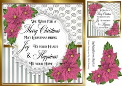 Pretty silver stripe/swirls and pink poinsettias christmas card front 8x8