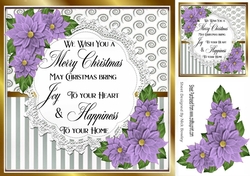 Pretty silver stripe/swirls and lilac poinsettias christmas card front 8x8