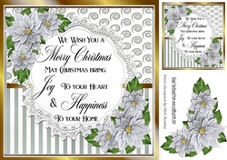 Pretty silver stripe/swirls and silver poinsettias christmas card front 8x8