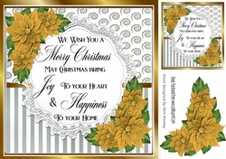 Pretty silver stripe/swirls and gold poinsettias christmas card front 8x8