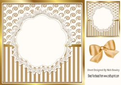 Pretty lace centre and gold stripe/swirls and bow card fronts 8x8