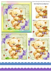 Cute teddy with corner bows in rainbow frame pyramids