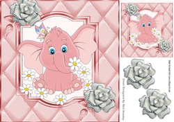 Cute pink elephant with diamante silver roses 8x8