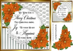 Pretty silver stripe/swirls and orange poinsettias christmas card front 8x8