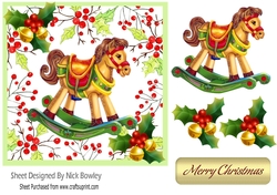 Lovely Rocking Horse with holly& bells in 7x7 festive frame