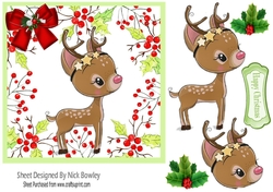 Cute baby deer in holly/berry frame with bow 7x7
