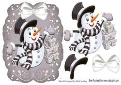 Lovely snowman with gifts on a scroll silver mat with bow