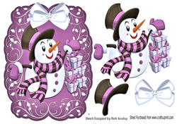 Lovely snowman with gifts on a scroll purple mat with bow