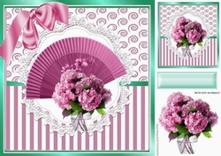 Pretty pink fan with vase of flowers in ornate card front 8x8