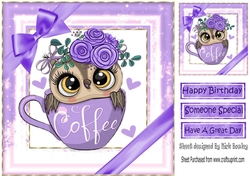 Cute owl in coffee cup with purple bows 8x8