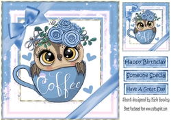 Cute owl in coffee cup with blue bows 8x8