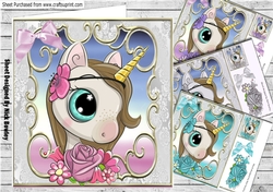 4 Sweet princess unicorn watercolour flowers & bow card fronts 8X8 mini kit