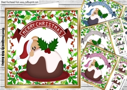  4 Peek a boo teddies with christmas puddings card fronts 8x8  mini kit