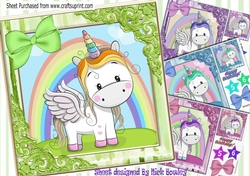  4 Cute unicorns with rainbows and  bows card fronts 8x8 Mini kit