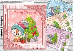 4 Cute foxes in winter hats with little birds & tree 8x8 card fronts Mini kit