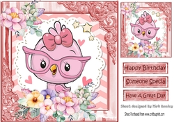 Little pink bird with flowers in ornate 8x8 frame