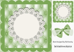 Pretty green quilt effect card front with lace doily 8x8