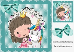 cute little girl with unicorn & turq bow with lace, card front 8x8