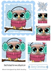 Cute owl on a branch with snow, square pyramids