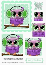 Cute owl on a branch with snow, square pyramids (green)