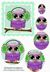 Cute owl on a branch with snow, oval pyramids (green)