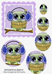 Cute owl on a branch with snow, oval pyramids (purple)