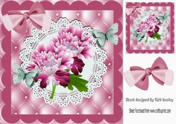 Pretty pink flowers with paper butterflies on lace with bow card front 8x8