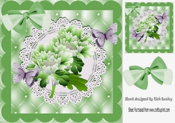 Pretty green flowers with paper butterflies on lace with bow card front 8x8
