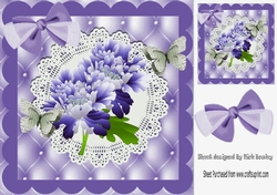 Pretty purple flowers with paper butterflies on lace with bow card front 8x8