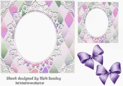 Pretty Diamond and oval lace topper, card front with purple bows 7x7