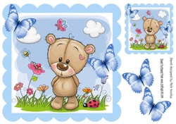 Cute teddy in flower garden with butterflies 8x8