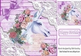 Lilac Wood and lace corners 8x8 card front with water colour unicorn