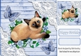 Blue Wood and lace corners 8x8 card front with siamese cat & butterflies