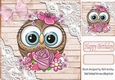 Brown Wood and lace corners 8x8 card front with cute owl