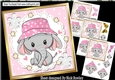 4 Cute eles in pink dot sun hats with pyramids & 8x8 card front mini kit