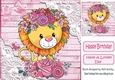 pink Wood and lace corners with cute lion & roses 8x8 card front