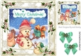 snowman with pressies with turq bows in holly snow & berries 8x8