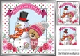 Cute teddy in winter hat with snowmen in dotty frame 8x8