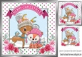 Cut deer with fox in winter hats in a dotty frame with roses 8x8