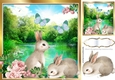 Cute pair of bunnies by water lily pond/pink roses 8x8