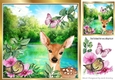 Cute deer with little bird by water lily pond/pink flowers 8x8