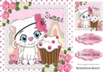 Cute white kitty in lace, polkadot 8x8 with pink roses